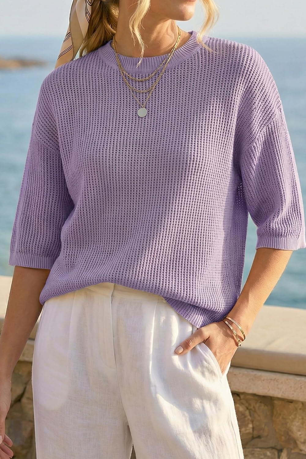 image:imageArachampCloz Womens Summer 100 Cotton Oversized Crochet Tops 34 Length Sleeve Sweater Hollow Out Casual Blouses 2026Purple