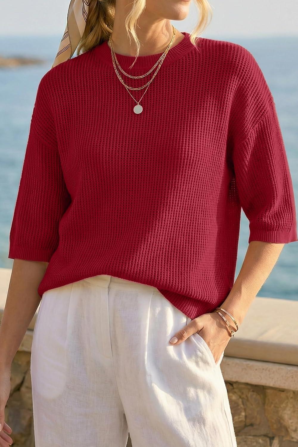 image:imageArachampCloz Womens Summer 100 Cotton Oversized Crochet Tops 34 Length Sleeve Sweater Hollow Out Casual Blouses 2026Red