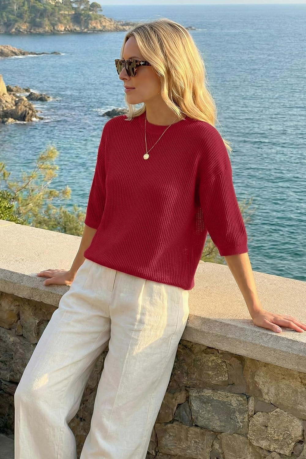 image:imageArachampCloz Womens Summer 100 Cotton Oversized Crochet Tops 34 Length Sleeve Sweater Hollow Out Casual Blouses 2026Red