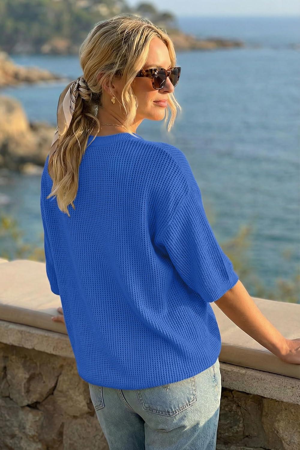 image:imageArachampCloz Womens Summer 100 Cotton Oversized Crochet Tops 34 Length Sleeve Sweater Hollow Out Casual Blouses 2026Royal Blue
