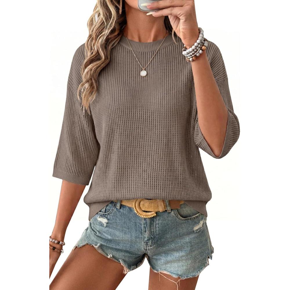 image:imageArachampCloz Womens Summer 100 Cotton Oversized Crochet Tops 34 Length Sleeve Sweater Hollow Out Casual Blouses 2026Coffee
