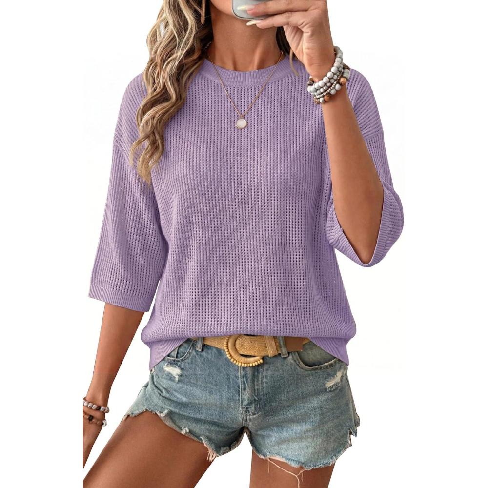 image:imageArachampCloz Womens Summer 100 Cotton Oversized Crochet Tops 34 Length Sleeve Sweater Hollow Out Casual Blouses 2026Purple