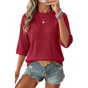 Arach&Cloz Womens Summer 100% Cotton Oversized Crochet Tops 3/4 Length Sleeve Sweater Hollow Out Casual Blouses 2026(Red)