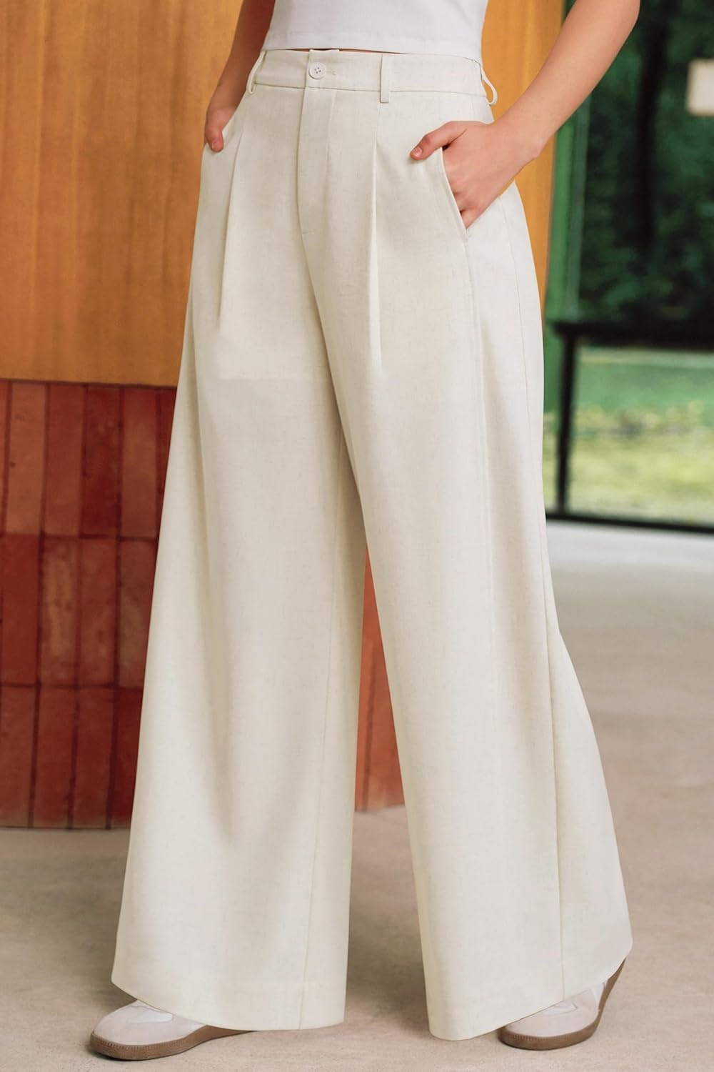 image:imageArachampCloz Womens Linen Blend Wide Leg Palazzo Pants AllSeason Business Casual Outfits Dress TrousersApricot