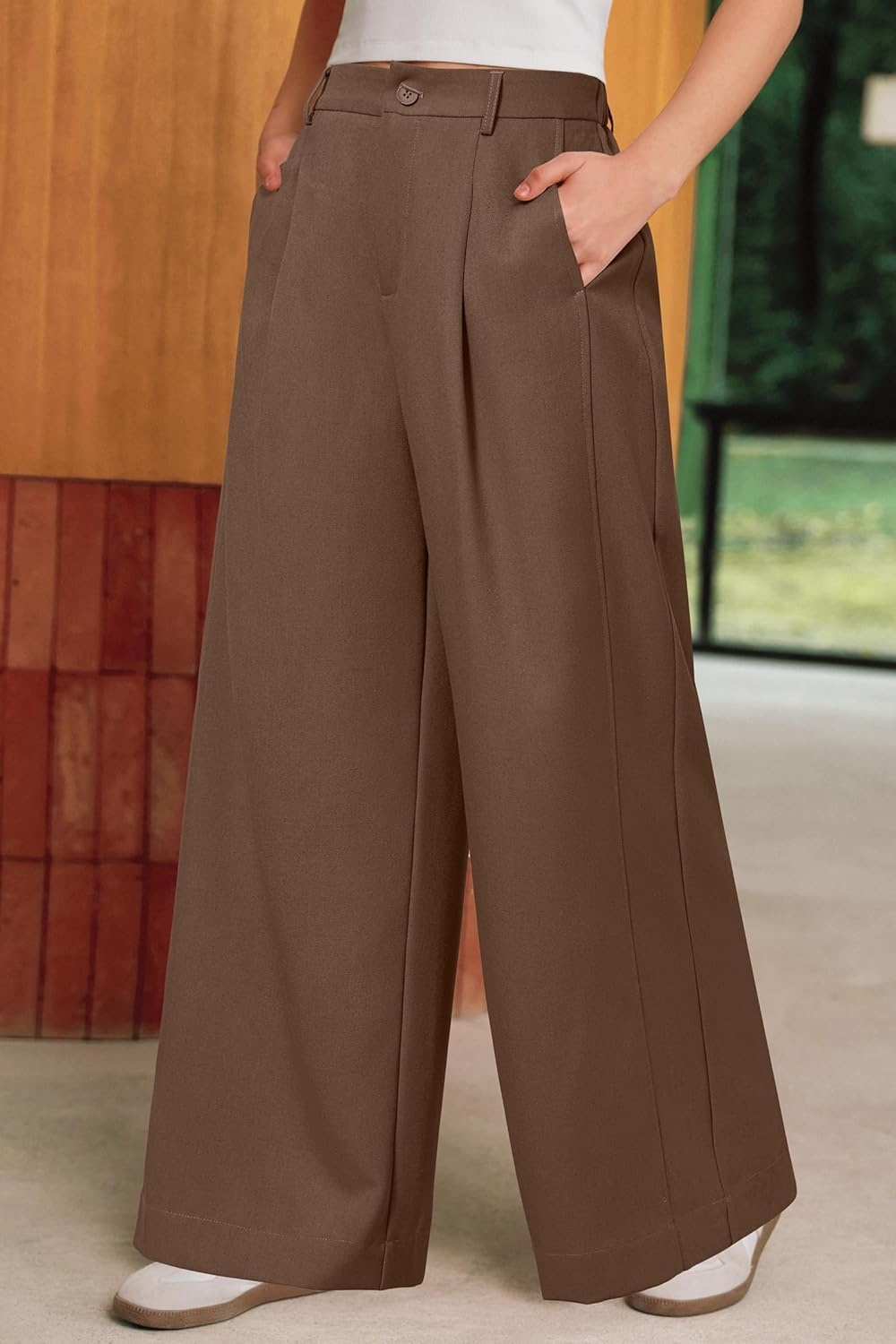 image:imageArachampCloz Womens Linen Blend Wide Leg Palazzo Pants AllSeason Business Casual Outfits Dress TrousersCoffee