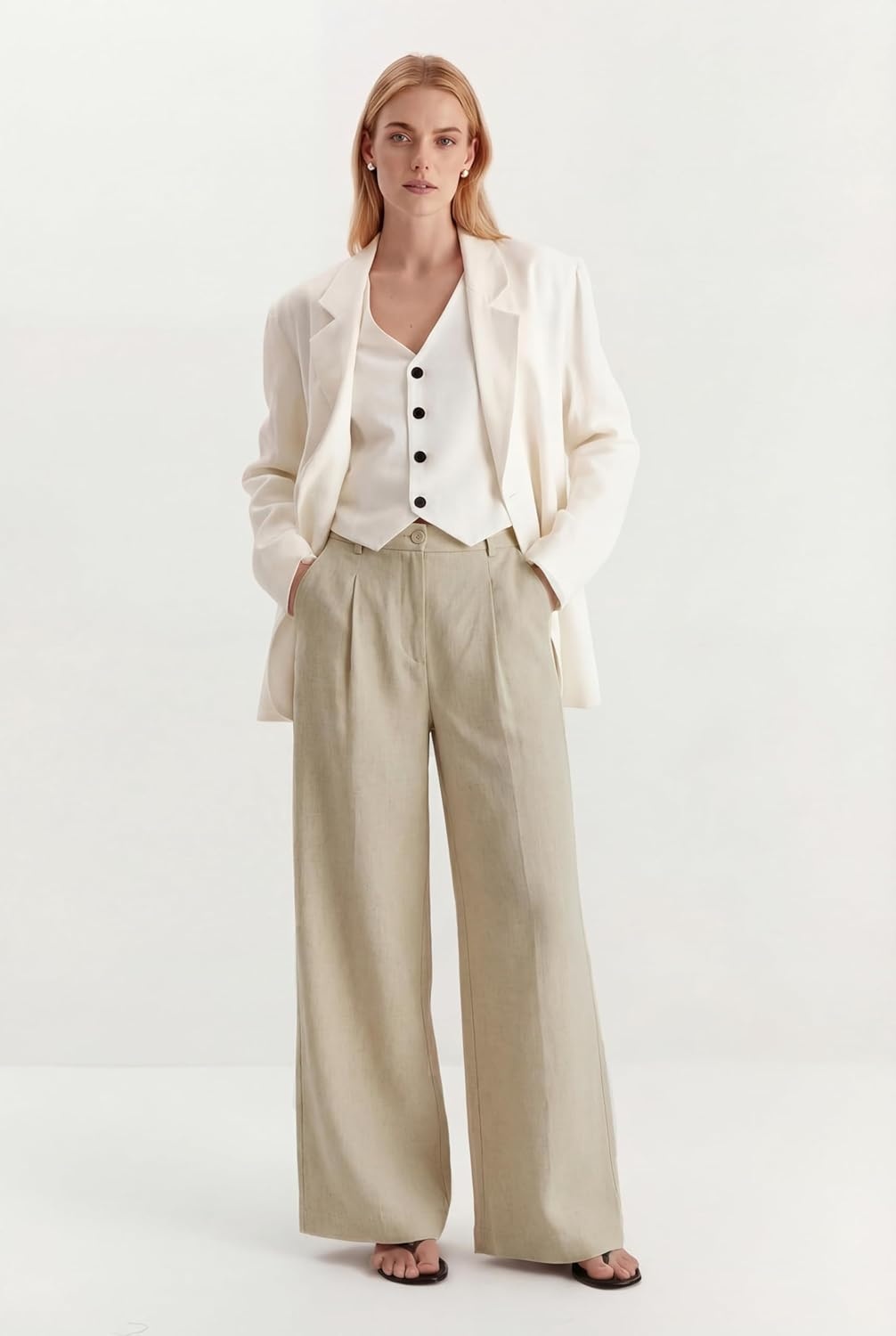 image:imageArachampCloz Womens Linen Blend Wide Leg Palazzo Pants AllSeason Business Casual Outfits Dress TrousersKhaki