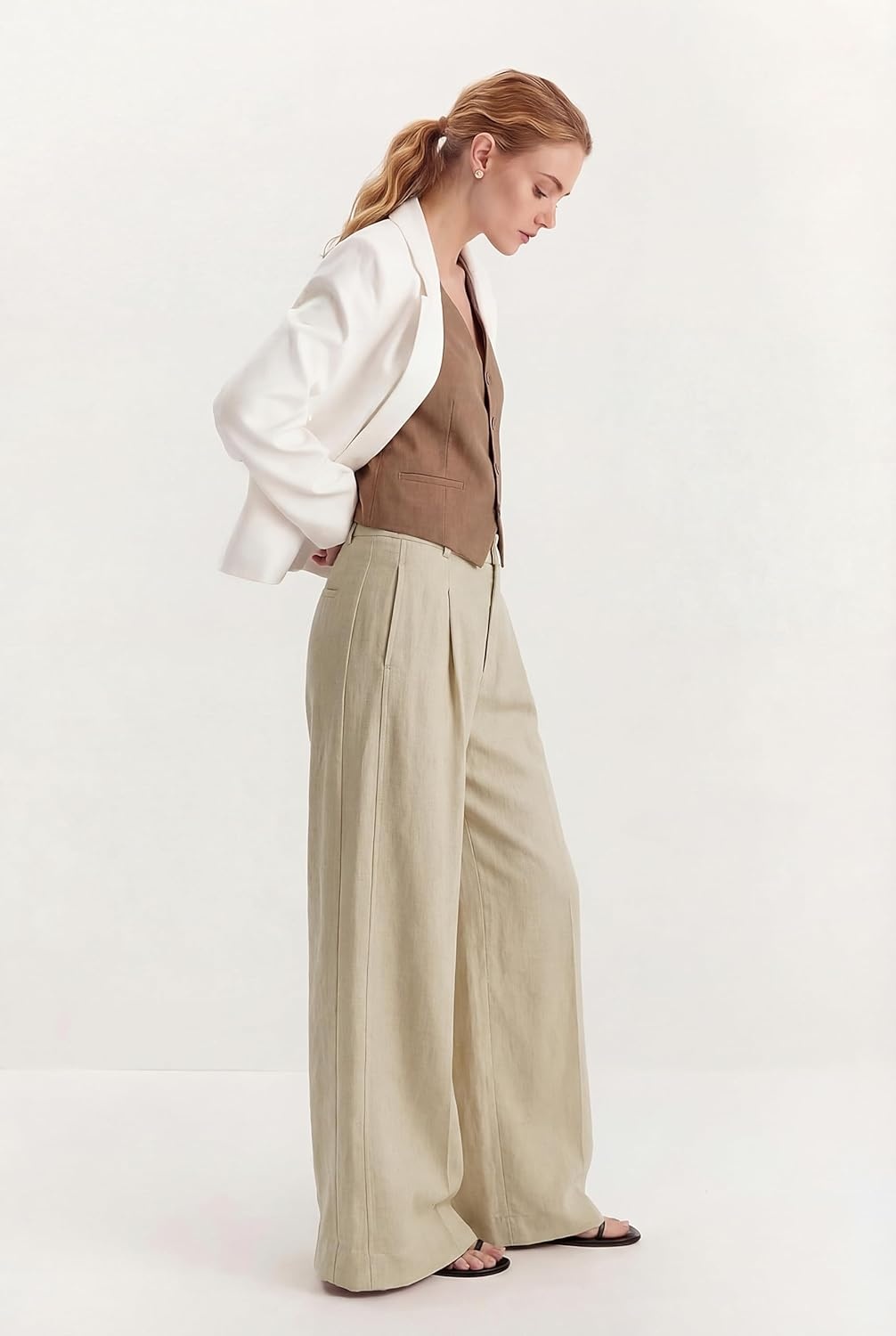 image:imageArachampCloz Womens Linen Blend Wide Leg Palazzo Pants AllSeason Business Casual Outfits Dress TrousersKhaki
