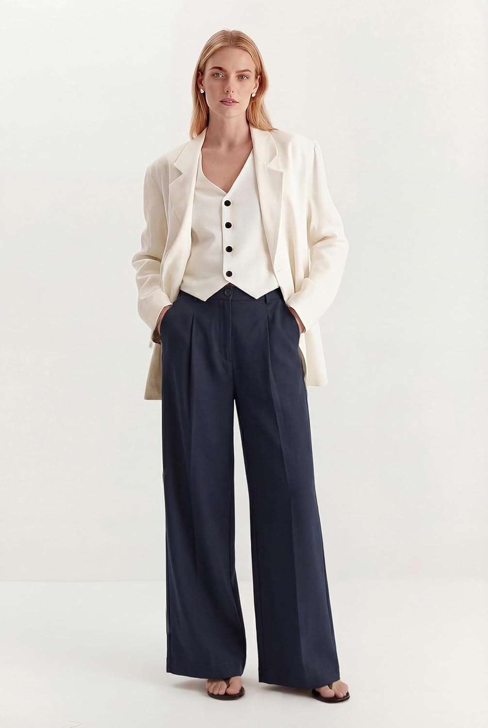 image:imageArachampCloz Womens Linen Blend Wide Leg Palazzo Pants AllSeason Business Casual Outfits Dress TrousersNavy