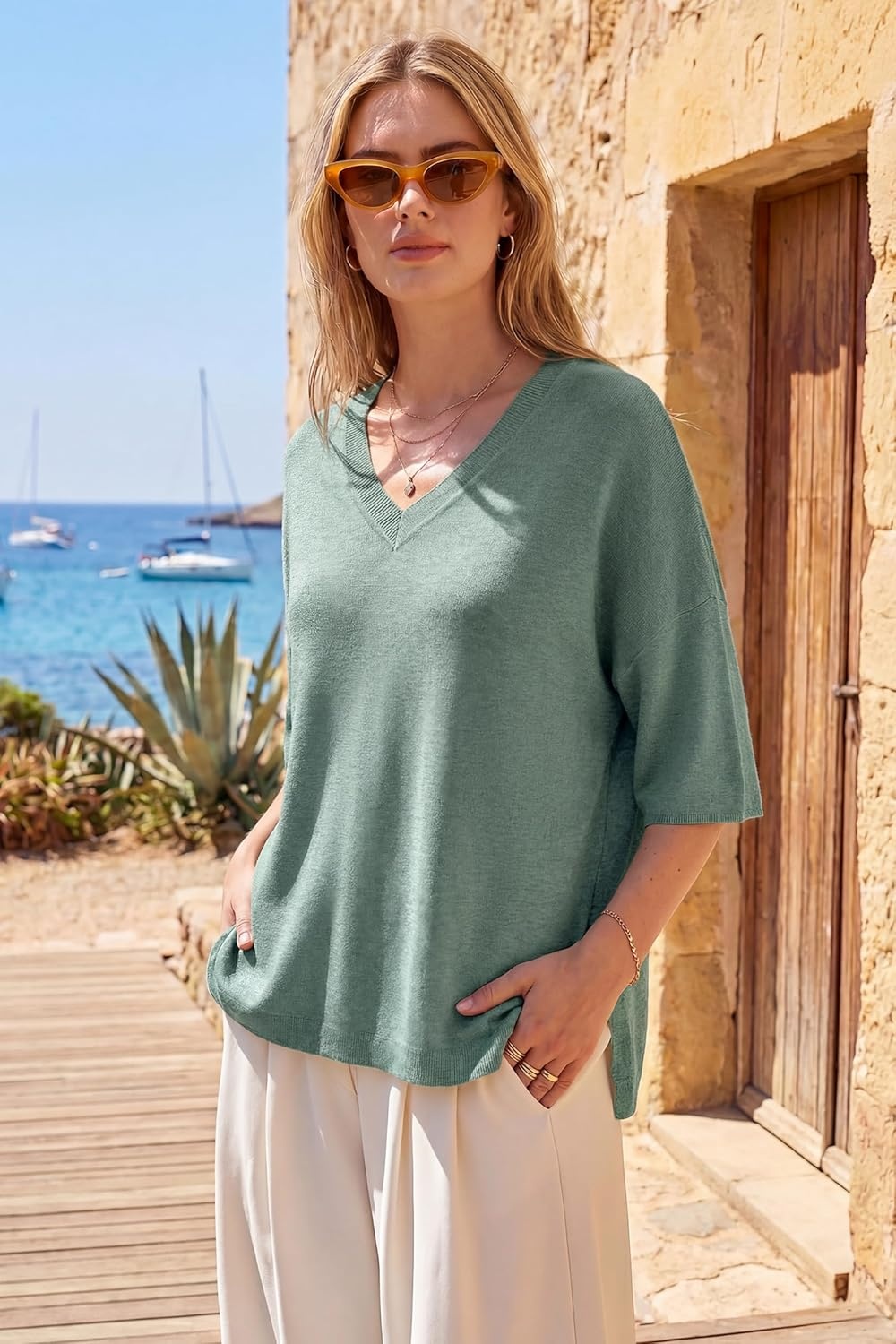 image:imageArachampCloz Womens Wool Blend Elbow Sleeve Summer Oversized Casual SweaterSage Green