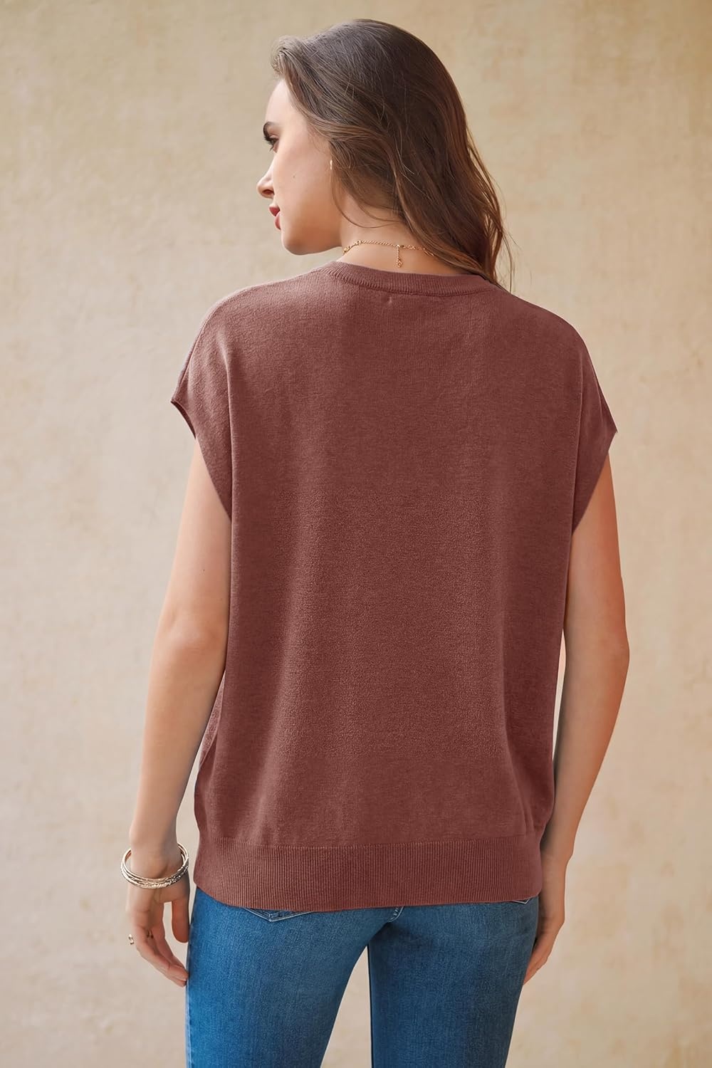 image:imageArachampCloz Womens Wool Blend Short Sleeve Oversized Sweater Business Casual Tops Summer 2026Dusty Red