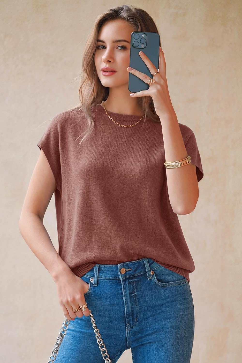 image:imageArachampCloz Womens Wool Blend Short Sleeve Oversized Sweater Business Casual Tops Summer 2026Dusty Red