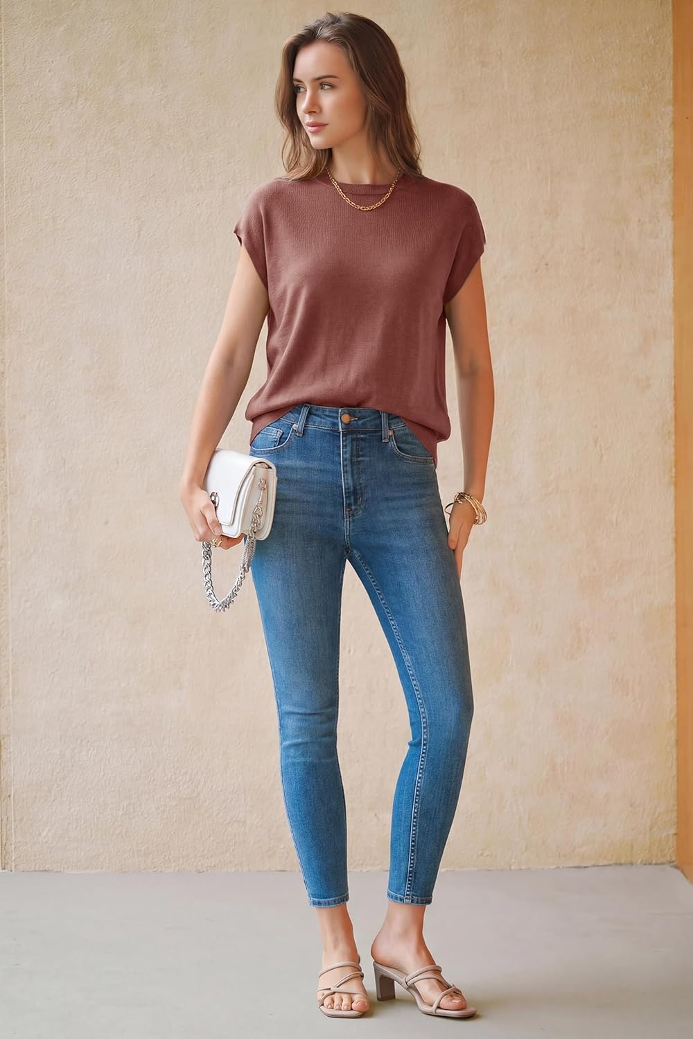 image:imageArachampCloz Womens Wool Blend Short Sleeve Oversized Sweater Business Casual Tops Summer 2026Dusty Red