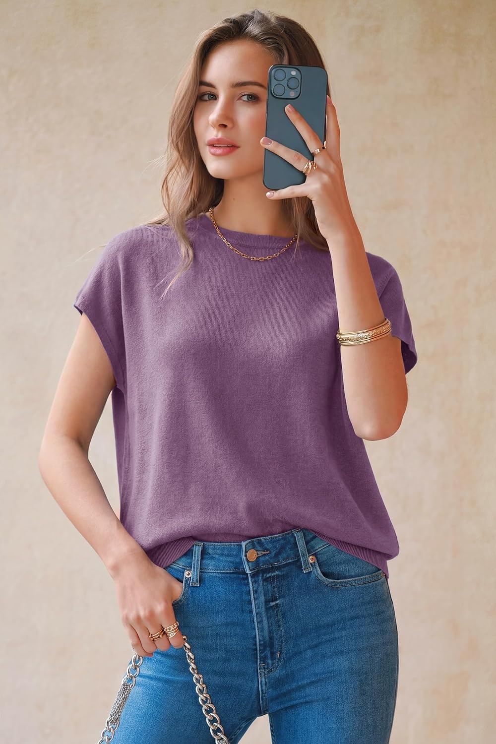 image:imageArachampCloz Womens Wool Blend Short Sleeve Oversized Sweater Business Casual Tops Summer 2026Purple
