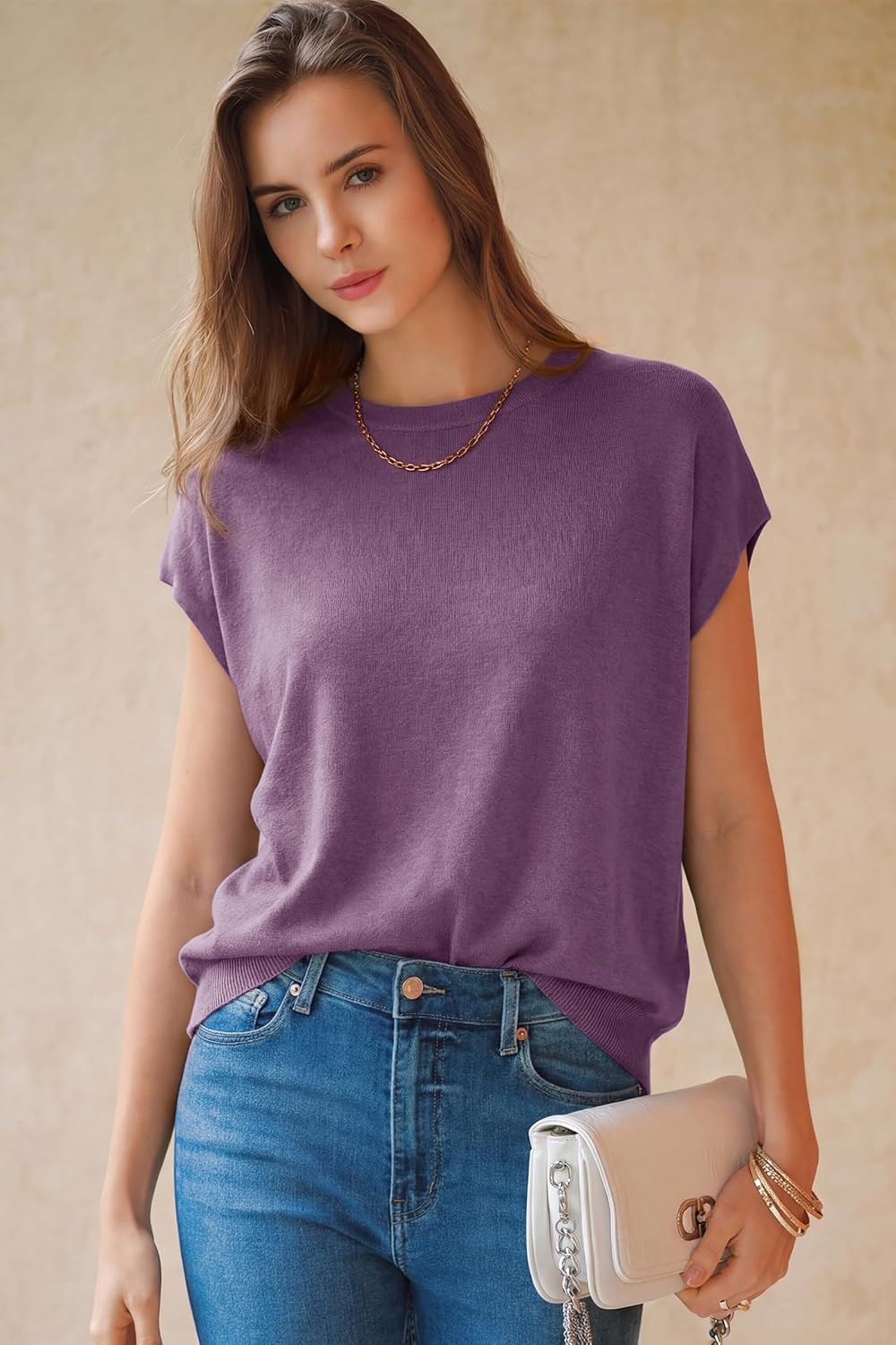 image:imageArachampCloz Womens Wool Blend Short Sleeve Oversized Sweater Business Casual Tops Summer 2026Purple