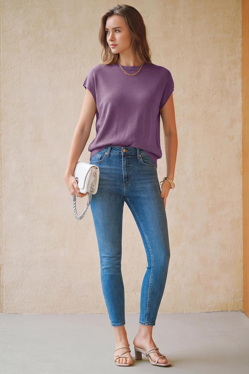 image:imageArachampCloz Womens Wool Blend Short Sleeve Oversized Sweater Business Casual Tops Summer 2026Purple