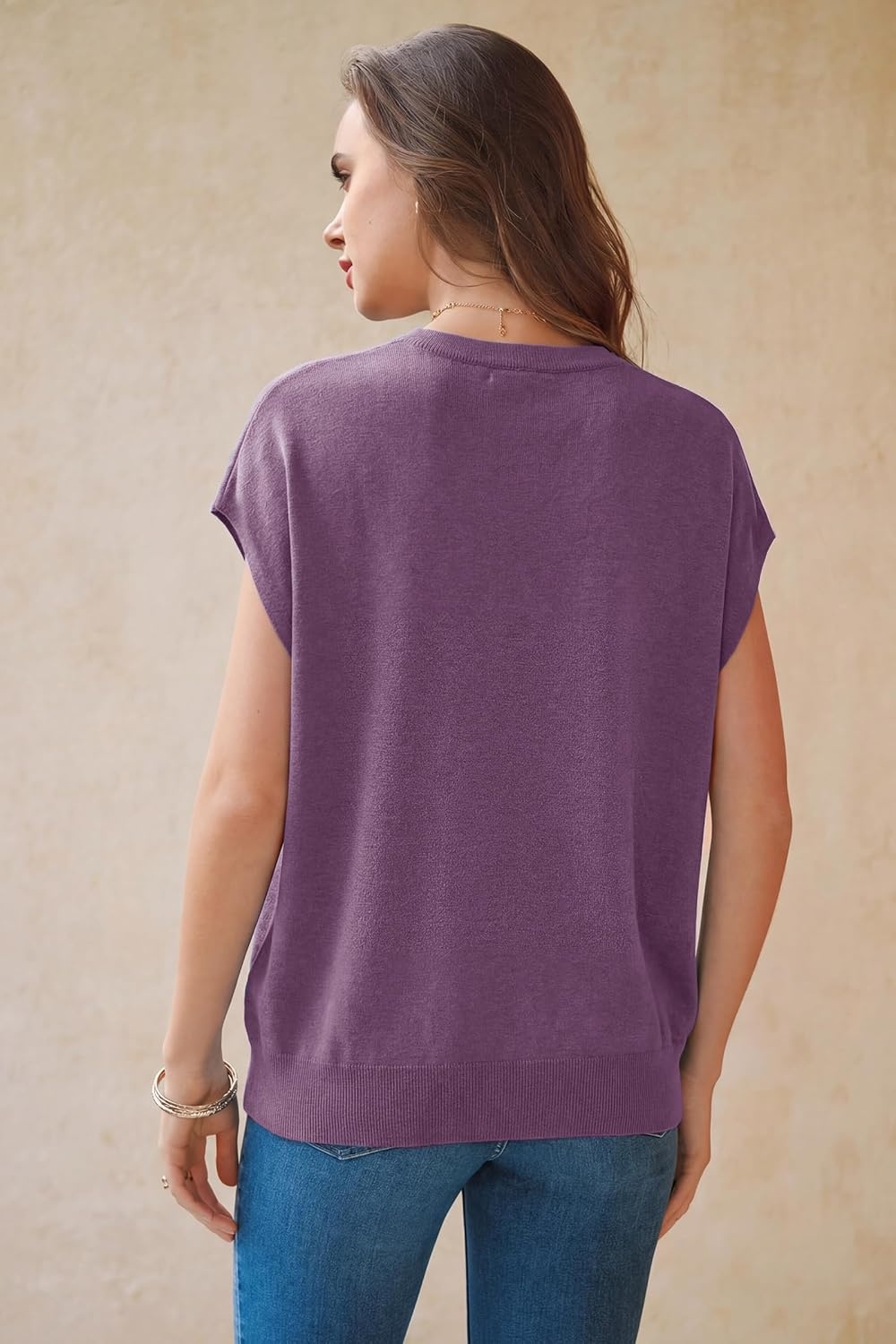 image:imageArachampCloz Womens Wool Blend Short Sleeve Oversized Sweater Business Casual Tops Summer 2026Purple