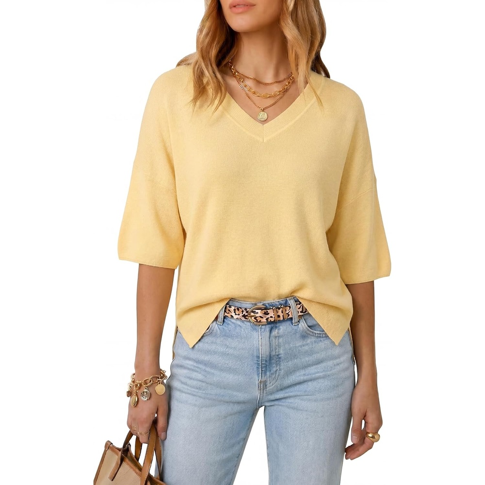 image:imageArachampCloz Womens Wool Blend Elbow Sleeve Summer Oversized Casual SweaterCream Yellow