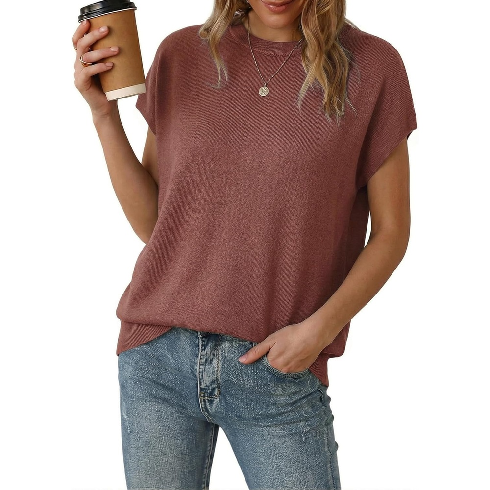 image:imageArachampCloz Womens Wool Blend Short Sleeve Oversized Sweater Business Casual Tops Summer 2026Dusty Red