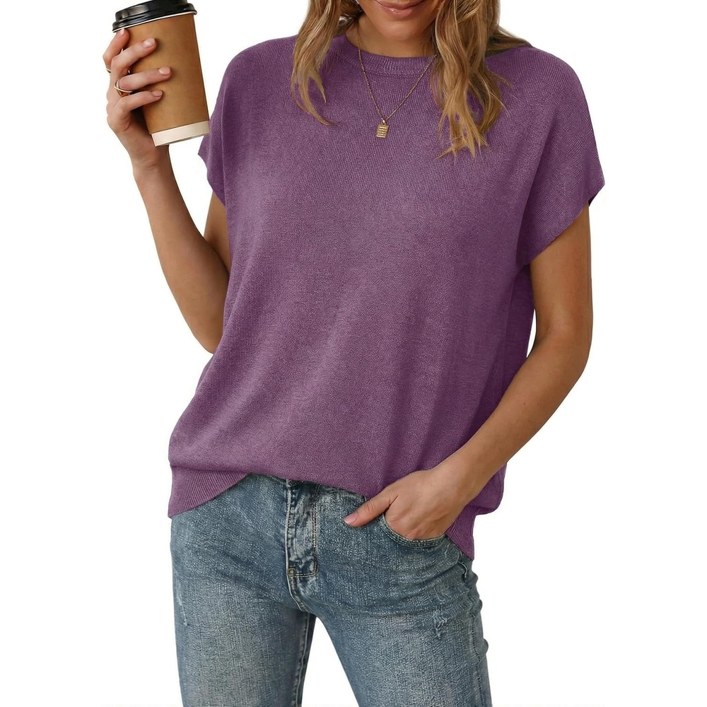 image:imageArachampCloz Womens Wool Blend Short Sleeve Oversized Sweater Business Casual Tops Summer 2026Purple