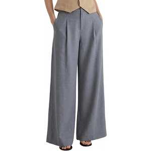 Arach&Cloz Women’s Linen Blend Wide Leg Palazzo Pants All-Season Business Casual Outfits Dress Trousers(Grey)