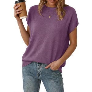 Arach&Cloz Women’s Wool Blend Short Sleeve Oversized Sweater Business Casual Tops Summer 2026(Purple)