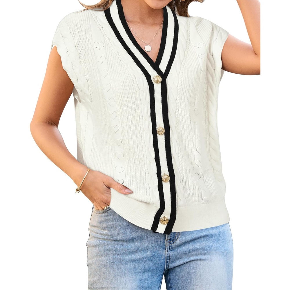 image:imageArachampCloz Summer Sweater Vest Women Spring Cap Sleeve V Neck Striped Button Casual Cardigan Sweater Knit Tank Tops 2025Whiteblack