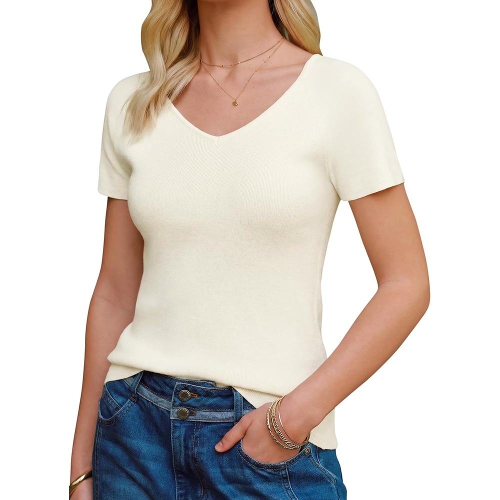 image:imageArachampCloz Womens Wool Blend Short Sleeve Sweater V Neck Lightweight Business Casual Outfits Spring Tops 2026Beige