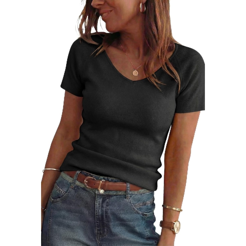 image:imageArachampCloz Womens Wool Blend Short Sleeve Sweater V Neck Lightweight Business Casual Outfits Spring Tops 2026Black