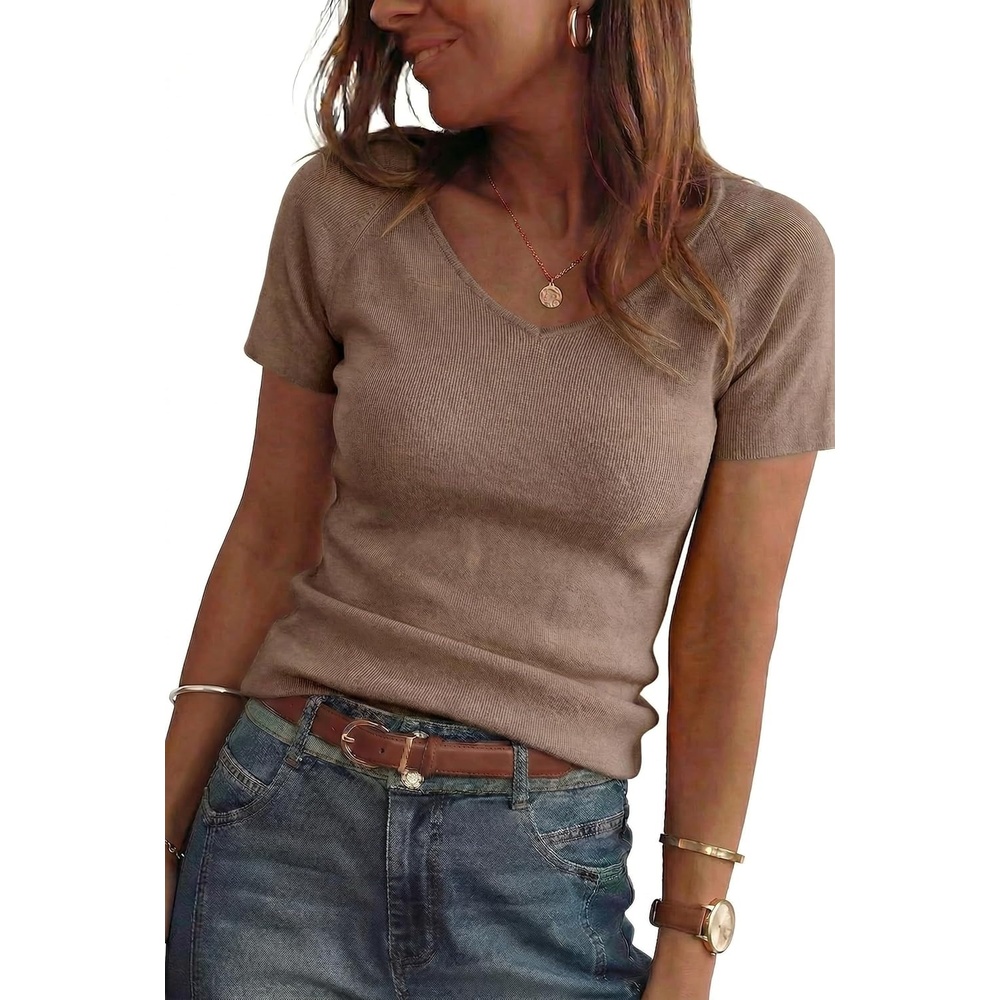 image:imageArachampCloz Womens Wool Blend Short Sleeve Sweater V Neck Lightweight Business Casual Outfits Spring Tops 2026Coffee