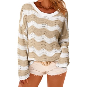 Arach&Cloz Women’s Linen Blend Oversized Crochet Bell Sleeve Striped Beach Vacation Tops 2026(Apricot Stripe)