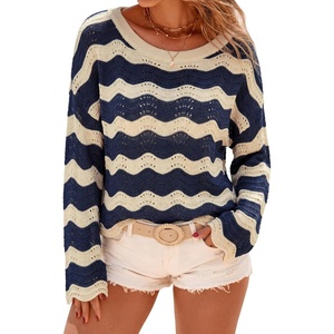 Arach&Cloz Women’s Linen Blend Oversized Crochet Bell Sleeve Striped Beach Vacation Tops 2026(Navy Stripe 02)