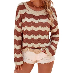 Arach&Cloz Women’s Linen Blend Oversized Crochet Bell Sleeve Striped Beach Vacation Tops 2026(Terracotta Stripe)
