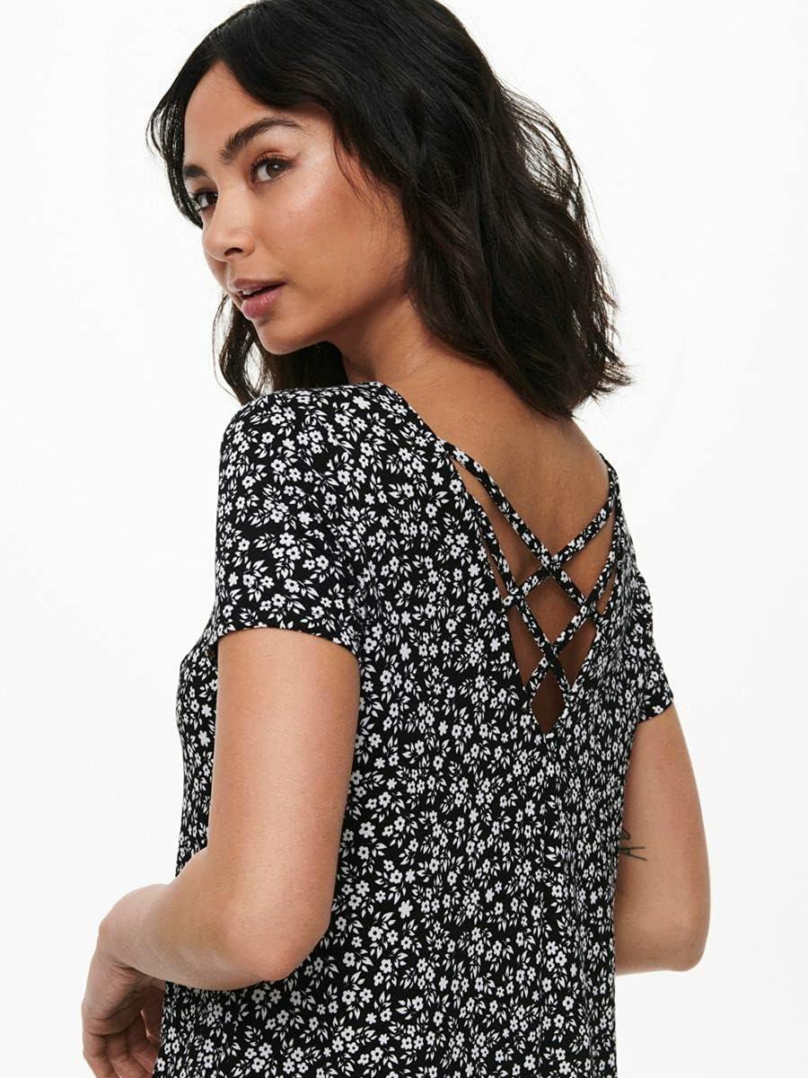 image:imageOnly Onlbera Back Lace Up Robe SS JRS Noos Robe Femme Lot de 1NoirBlanc Fleurs Blanches