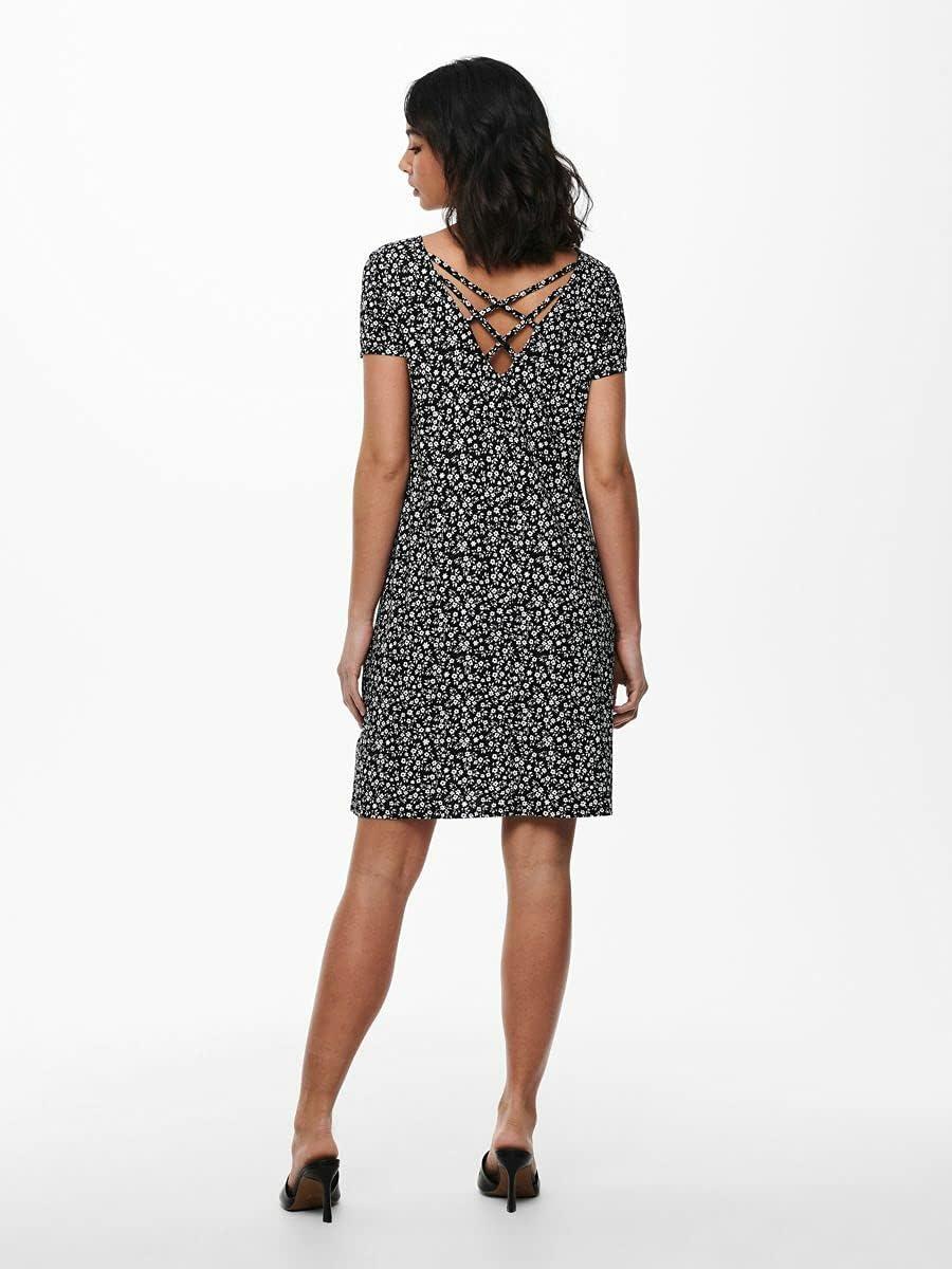 image:imageOnly Onlbera Back Lace Up Robe SS JRS Noos Robe Femme Lot de 1NoirBlanc Fleurs Blanches